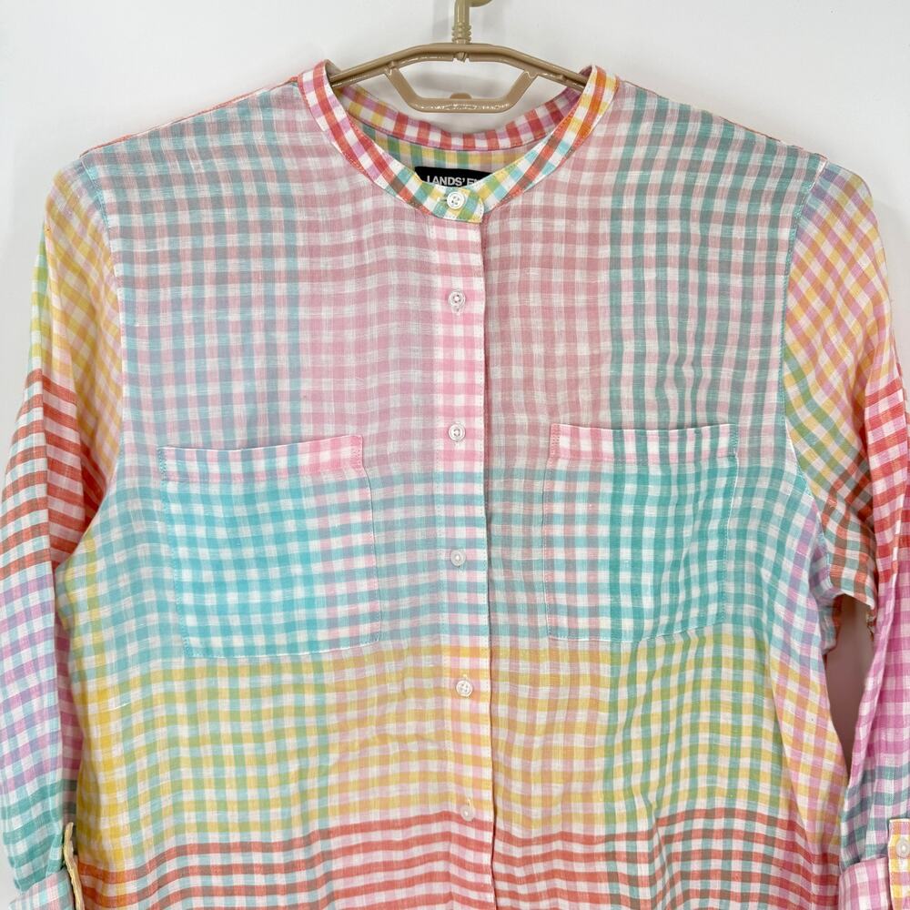 Lands End 100% Linen Plaid Madras Tunic Button Up Blouse Top Size Large NEW - Picture 2 of 6
